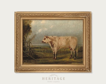 Antique Cow Painting, Farmhouse Kitchen Painting, Antique Landscape With Cow, Cow Oil Painting, Bull Painting, Vintage Farm Painting