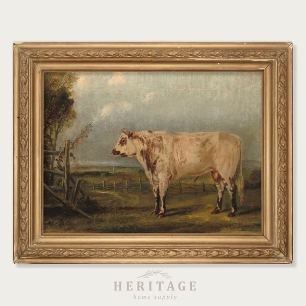 Antique Cow Painting, Farmhouse Kitchen Painting, Antique Landscape With Cow, Cow Oil Painting, Bull Painting, Vintage Farm Painting