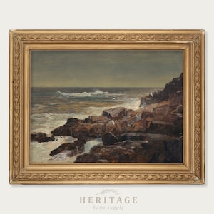 Antique Coastal Landscape, Vintage Seascape, Maine Seascape, Digital Print, Rocky Coastline Painting, Vintage Ocean Print, Maine Coastline