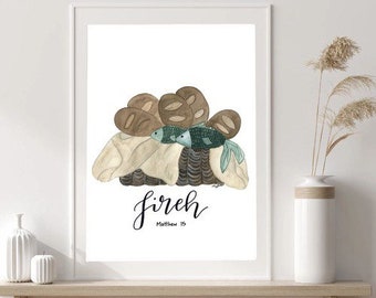 May include: A watercolor painting of a basket of bread and fish with the word "fireh" and the text "Matthew 15" written below.