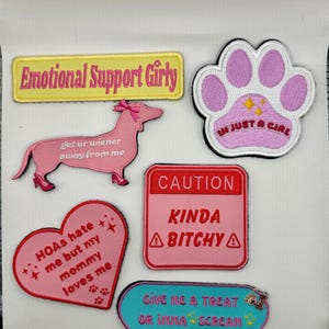 Könnte beinhalten: Eine Sammlung von bestickten Aufnähern mit humorvollen Sprüchen. Enthält ein gelbes Rechteck mit "Emotional Support Girly", einen rosa Dackel, einen Pfotenabdruck, ein Herz, ein Warnschild und ein türkisfarbenes Oval. Die Aufnäher sind in Rosa-, Türkis- und Gelbtönen gehalten.