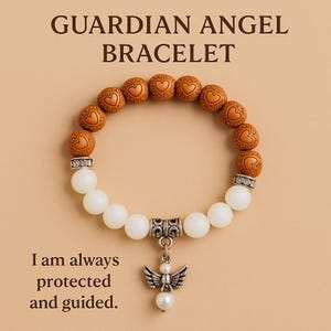 May include: A beaded bracelet with the text "GUARDIAN ANGEL BRACELET". The bracelet features brown heart-shaped beads, white round beads, and a silver angel charm with a pearl. The text "I am always protected and guided" is also present.