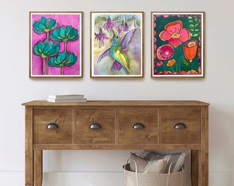 Set of 3 art prints hummingbird Watercolor ,Floral art , how great thou art ,home decor, bird wall art by Margarita Warner