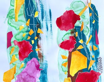 Answers in the Solstice Sky - Abstract Collage Painting Astrology Planets Stars Nighttime