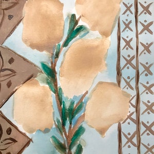 May include: A watercolor painting of a light blue background with a brown and white patterned border.  The painting features a branch with four light brown flowers and green leaves.