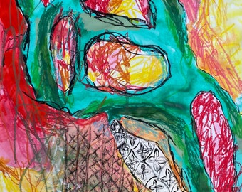 Hungry Green Worm Eating an Apple - Abstract Painting Art Wall Decor Nature