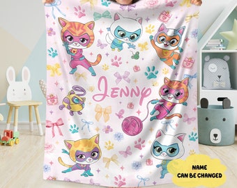 Personalized Super Kitties Blanket, Custom Super Kitties Blanket, Super Kittie Buddy Bitsy Ginny Sparks Hero Blanket, Disneyland Kitties
