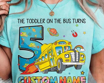 Personalisierte Magie Schulbus Geburtstag Shirt Das Kleinkind auf dem Bus Geburtstag Shirt Frau Frizzle Geburtstag T-Shirt Geburtstag Familie Passende Tee 00