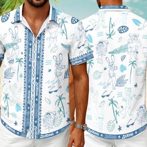 Hawaiian Shirt Tropical Zootopia, Disneyland Zootopia Nick Hawaiian Shirt Judy Hopps and Nick Wilde T-shirt Disneyland Tropical Hawaiian image 1