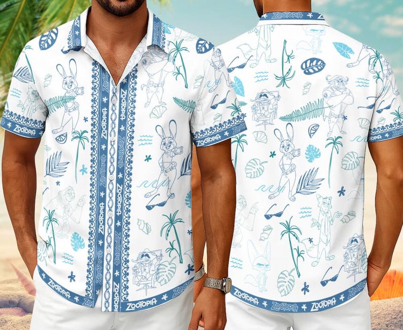 Hawaiian Shirt Tropical Zootopia, Disneyland Zootopia Nick Hawaiian Shirt Judy Hopps and Nick Wilde T-shirt Disneyland Tropical Hawaiian image 1