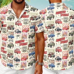 Camisa hawaiana de Radiator Springs, camiseta de Rayo McQueen de Disneyland, camiseta familiar de Pixar Cars, camiseta de vacaciones en Disneyland, regalo para novio imagen 1