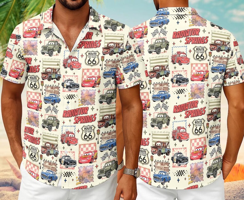 Camisa hawaiana de Radiator Springs, camiseta de Rayo McQueen de Disneyland, camiseta familiar de Pixar Cars, camiseta de vacaciones en Disneyland, regalo para novio imagen 1