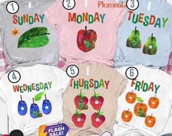 Camiseta con letras de La Oruga Hambrienta, Camiseta de Oruga para Profesor, Camiseta de La Oruga Hambrienta de 7 Días, Regalo para la Vuelta al Cole, Camiseta para Amantes de los Libros