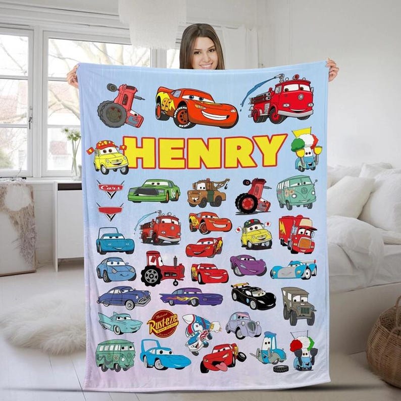 Personalized Disneyland Cars Characters Blanket, Lightning McQueen Tow Mater Blanket Disneyland cars blanket, Birthday Boy Girl gift blanket image 1