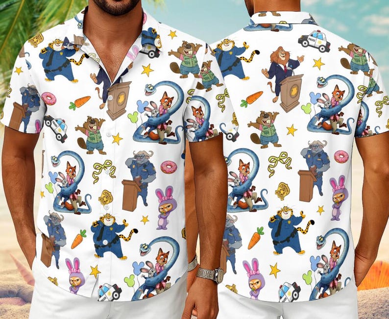 Disneyland Zootopia Nick Hawaiian Shirt Judy Hopps and Nick Wilde T-shirt Disneyland Cartoon Tropical Hawaiian Judy And Nick Hawaiian Shirt immagine 1