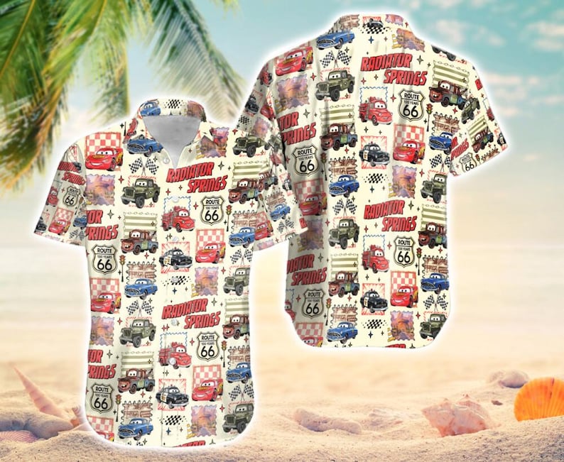 Camisa hawaiana de Radiator Springs, camiseta de Rayo McQueen de Disneyland, camiseta familiar de Pixar Cars, camiseta de vacaciones en Disneyland, regalo para novio imagen 2