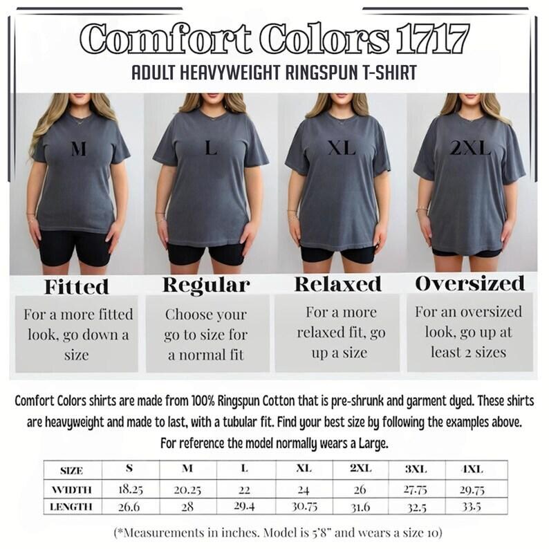 The image is a collage of four images showing different sizes of adult heavyweight ringspin t-shirts, labeled with the corresponding size and fit level.