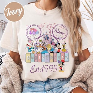 Personalized Disneyland 30Th Birthday Shirt, Mickey And Friends Shirt, Hello Thirty Est 1995 Birthday Shirt, Disneyland Castle Birthday Tees