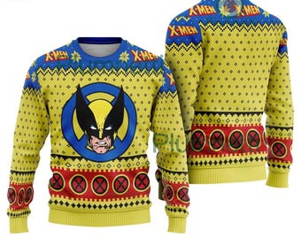 May include: A yellow, blue, and red long-sleeve sweater featuring a graphic of the Wolverine character mask inside a blue circle. The garment includes X-Men text, repeating geometric patterns, and circular X-Men logos across the chest and sleeves.