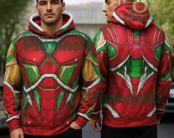 May include: A long-sleeved hooded sweatshirt featuring a red, gold, and green graphic print that mimics mechanical armour plating. The hoodie includes a white inner lining and a drawstring hood, displaying a repeating pattern across the front and back.