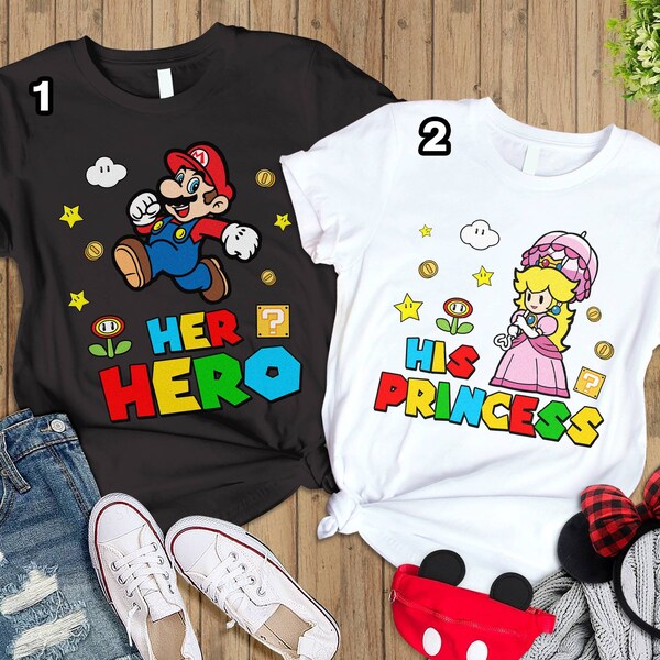Super Mario Princess Peach Couple Shirt, Mario Valentines Day Shirt, Her Hero His Princess Shirt, Super Mario Matching Couple Valentine Tee