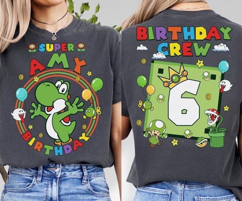 Maglietta di compleanno personalizzata Mario Yoshi, maglietta Super Mario, maglietta per la famiglia Mario dell'universo epico, maglietta per la festa di compleanno di gruppo Mario -5 immagine 2