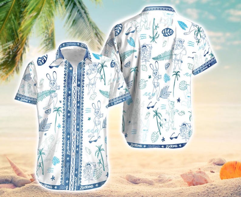 Hawaiian Shirt Tropical Zootopia, Disneyland Zootopia Nick Hawaiian Shirt Judy Hopps and Nick Wilde T-shirt Disneyland Tropical Hawaiian image 2