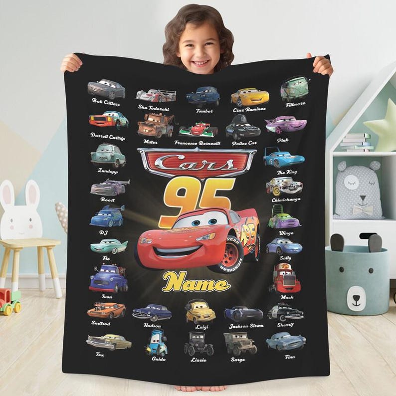 Personalized Disneyland Cars Fleece Blanket, Custom Name Pixar Cars Blanket, Lightning McQueen Sally Characters Blanket, Cars Birthday Gifts image 1