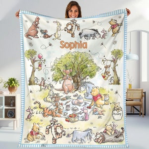 Personalized Watercolor Winnie the Pooh blanket, Pooh Bear and friends blanket, Pooh Birthday gift, Kids Adults blanket Disneyland gift