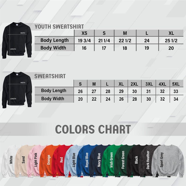 a youth sweatshirt and a colors chart, providing measurements and color options for the sweatshirt.