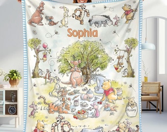 Personalized Watercolor Winnie the Pooh blanket, Pooh Bear and friends blanket, Pooh Birthday gift, Kids Adults blanket Disneyland gift