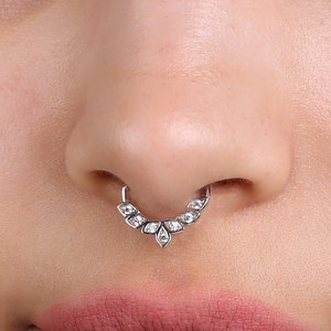 Sterling Silver Fire CZ Seamless Hinged Segment Hoop with Forward Facing 7 CZ Leaves - Cartilage, Helix, Daith Piercing Septum Hoop