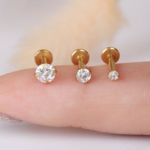 16G Surgical Steel 2mm-6mm Tiny White CZ Screw on Labret Stud, Internally threaded Flat Back Tragus, Nose, Conch, Helix, Cartilage earring