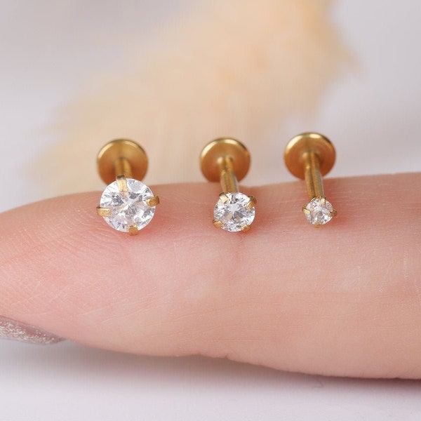 16G Tiny Stud Tragus Earring, 16ga 316L Surgical Steel Gold 2mm 3mm 4mm White CZ Screw on Flat Back nap earring Labret Stud