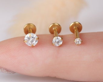 16G Tiny Stud Tragus Earring, 16ga 316L Surgical Steel Gold 2mm 3mm 4mm White CZ Screw on Flat Back nap earring Labret Stud