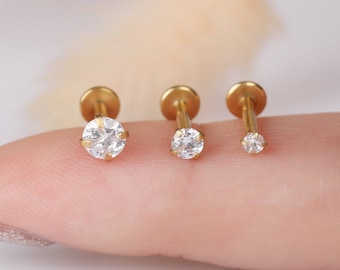 316L Surgical Steel Gold 16G Flat Back Labret Stud Earring, CZ Screw On Tragus, Cartilage, Conch, Nose,  Helix Piercings minimalist Jewelry