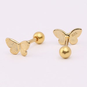 925 Sterling Silver Butterfly Stud Earrings • Screw Back Gold Labret Stud • Tragus Earring • Cartilage Piercing, Nap Stud Ball Back Earrings