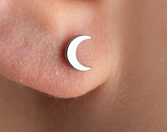 Crescent Moon Flat Back Earring, Implant Grade Titanium Threadless Labret Stud, 16G 18G 20G Cartilage Helix Tragus Conch, Celestial Gift