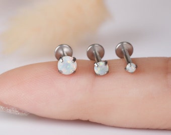 16G Tiny Stud Tragus Earring, 16ga 316L Surgical Steel Silver 2mm 3mm 4mm Opal CZ Screw on Flat Back 6mm 8mm Labret Stud