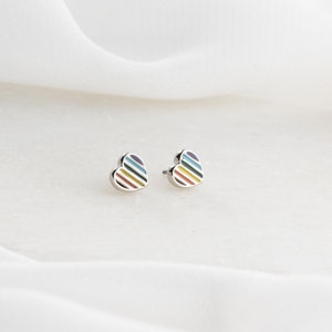 May include: A pair of silver heart-shaped earrings with a rainbow stripe design.