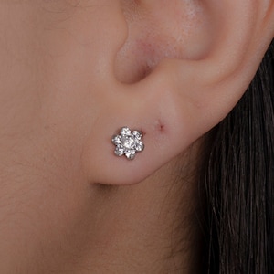 Surgical Steel Flat Back Tiny Flower Stud Earring • Silver Tragus CZ Sleep Earring, Cartilage Earrings • Waterproof Helix, Conch, Nose Stud