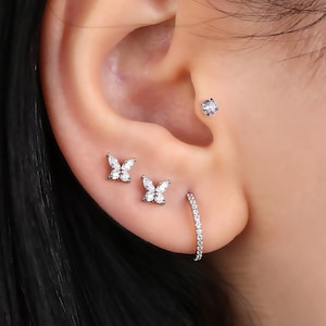 16G Surgical Steel flat back Butterfly Labret Stud, Screw on Gold Silver CZ tragus Earring, Helix • Conch, Cartilage flatback Sleep earrings