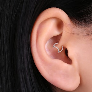 Implant Grade Titanium Moon Daith Clicker, Segment Ring with White CZ Gems, Conch Ring Helix Hoop/Hinged Clicker, Ear Piercing