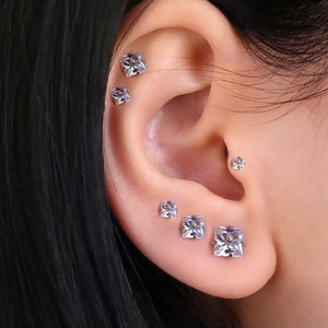CZ Square Studs-Silver Four Prong Sparkle Studs-Clear CZ Stud Earrings-Cubic Zirconia Studs Guys Stud Earrings Men earring bis stone stud