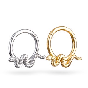 Silver, Gold 16G Snake Septum Ring, Hinged Septum Clicker, Unique Snake Daith Earring, Dainty Cartilage Hoop, Septum Jewelry for Piercing