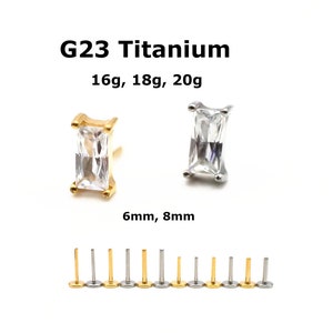 20G/18G/16G  Titanium Push Pin CZ Baguette Stud | Threadless Flat Back labret Earring | Tragus Stud | rectangle Helix Stud | Cartilage Stud