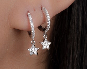 Sterling Silver Star Huggie Hoop Earrings, Silver Star Hoops, Diamond Starburst Hoops, Tiny Cz Hoops, Celestial earrings, Gifts for her,
