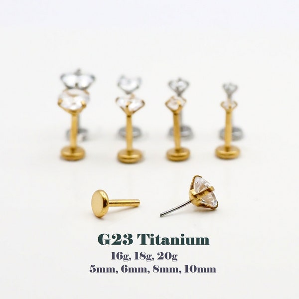 16G/18G/20G Titanium Push Pin Flat Back CZ Labret Stud •Gold Silver Threadless Tragus stud Nap earring, Nose Cartilage Helix Piercing Stud