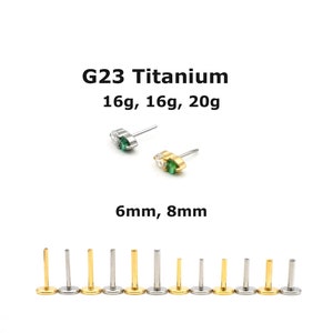 20G/18G/16G Tiny Emerald Push In Flat Back labret Stud, Implant grade titanium Threadless Helix, Cartilage, Conch, Nose, Tragus earring