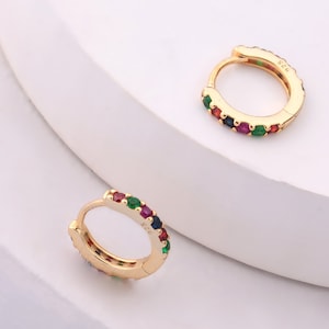 925 Sterling Silver Rainbow CZ Hoops, Multicolored Tiny CZ Hoop, Minimalist Huggie Earring, Dainty Cartilage Hoops, Gold Earring, Pride Gift